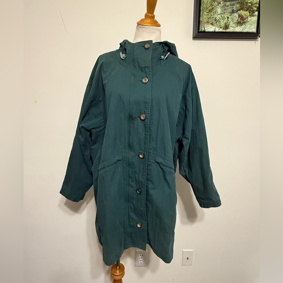 LL Bean Hooded Parka Rain Jacket Waterproof Green Lined Womens Vintage Size L - Picture 3 of 17